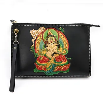 

Hand-made Men Vegetable Tanned Leather Bag Money Holder Clutch Purse The god of Wealth Clutches Envelope Boyfriend Gifts