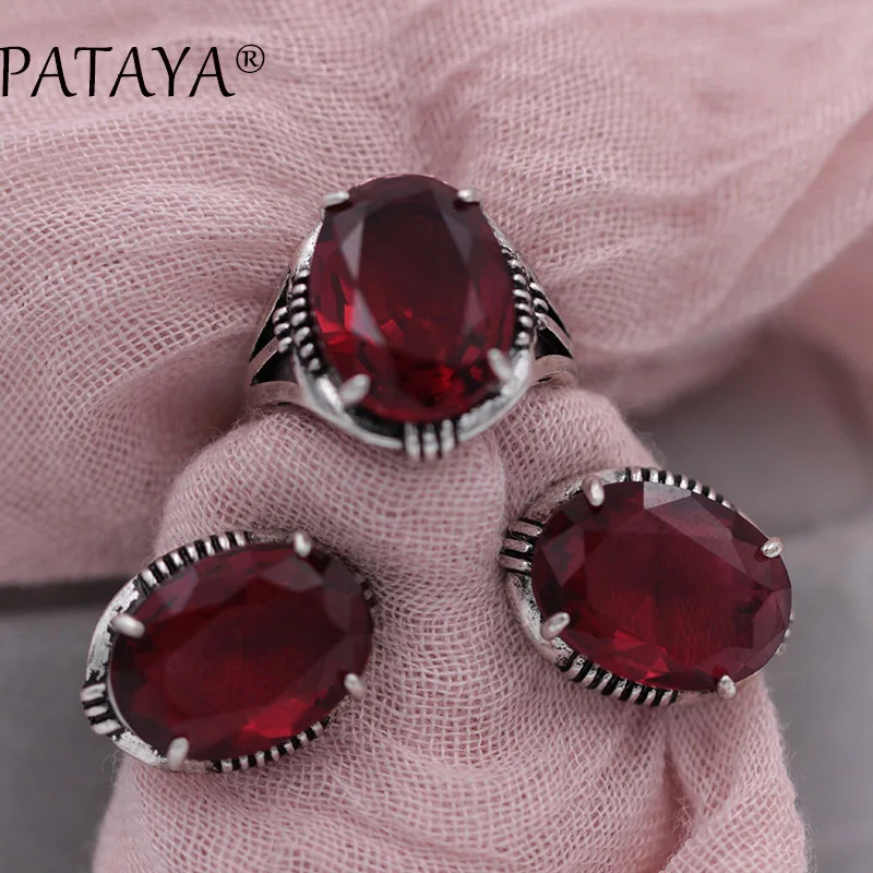 

PATAYA New Women Wedding Vintage Jewelry Set Ancient Silver Wipe Black Jewelry Oval Green Artificial Zircon Earrings Ring Sets