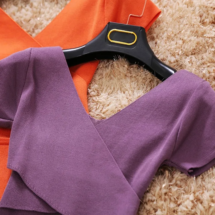 Летняя женская вязаная рубашка с глубоким v-образным вырезом, женские милые рубашки с коротким рукавом, женские одноцветные блузки, Двусторонняя одежда - Цвет: Фиолетовый