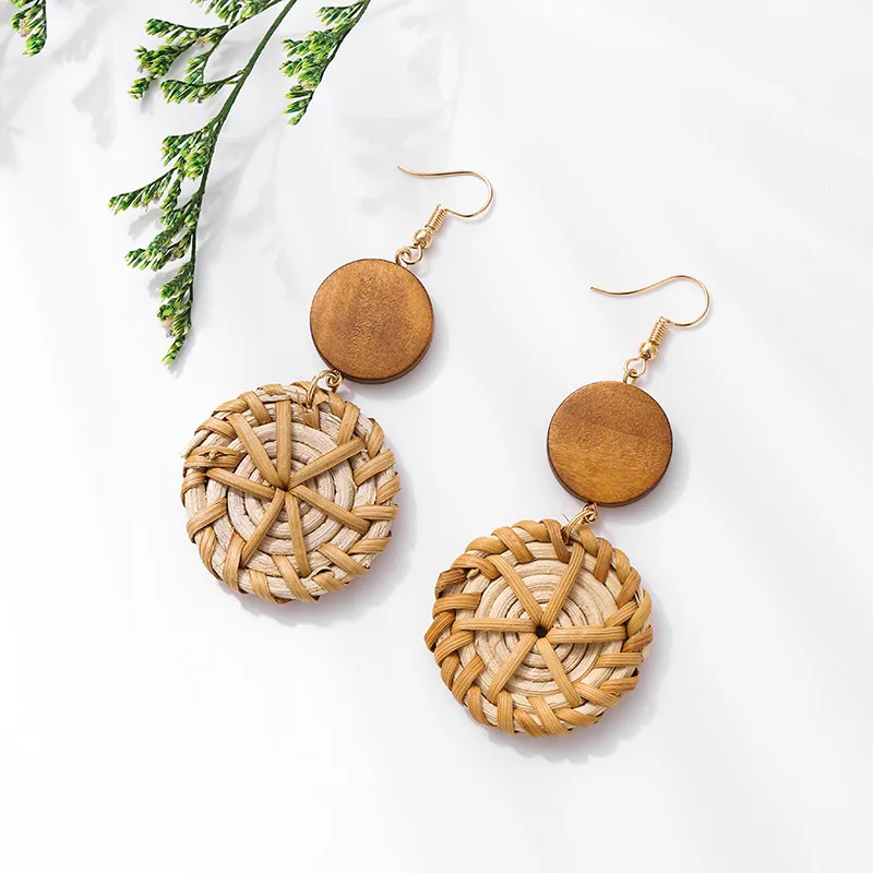 8Seasons Vintage Handmade Wooden Straw Weave Rattan Drop Earrings For Women Party Gifts Club Fashion Statement Jewelry | Украшения и