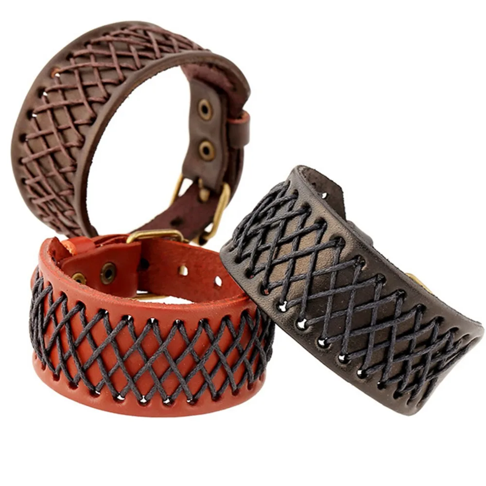 Punk Style Wide Braided Leather Mens Belt Wristband Bangle Bracelet