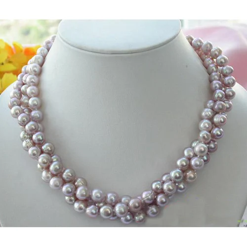 

Freshwater Pearl Necklace,3 Rows 17inches 9-10mm Lavender Round Cultured Pearl Jewellery,New Free Shipping