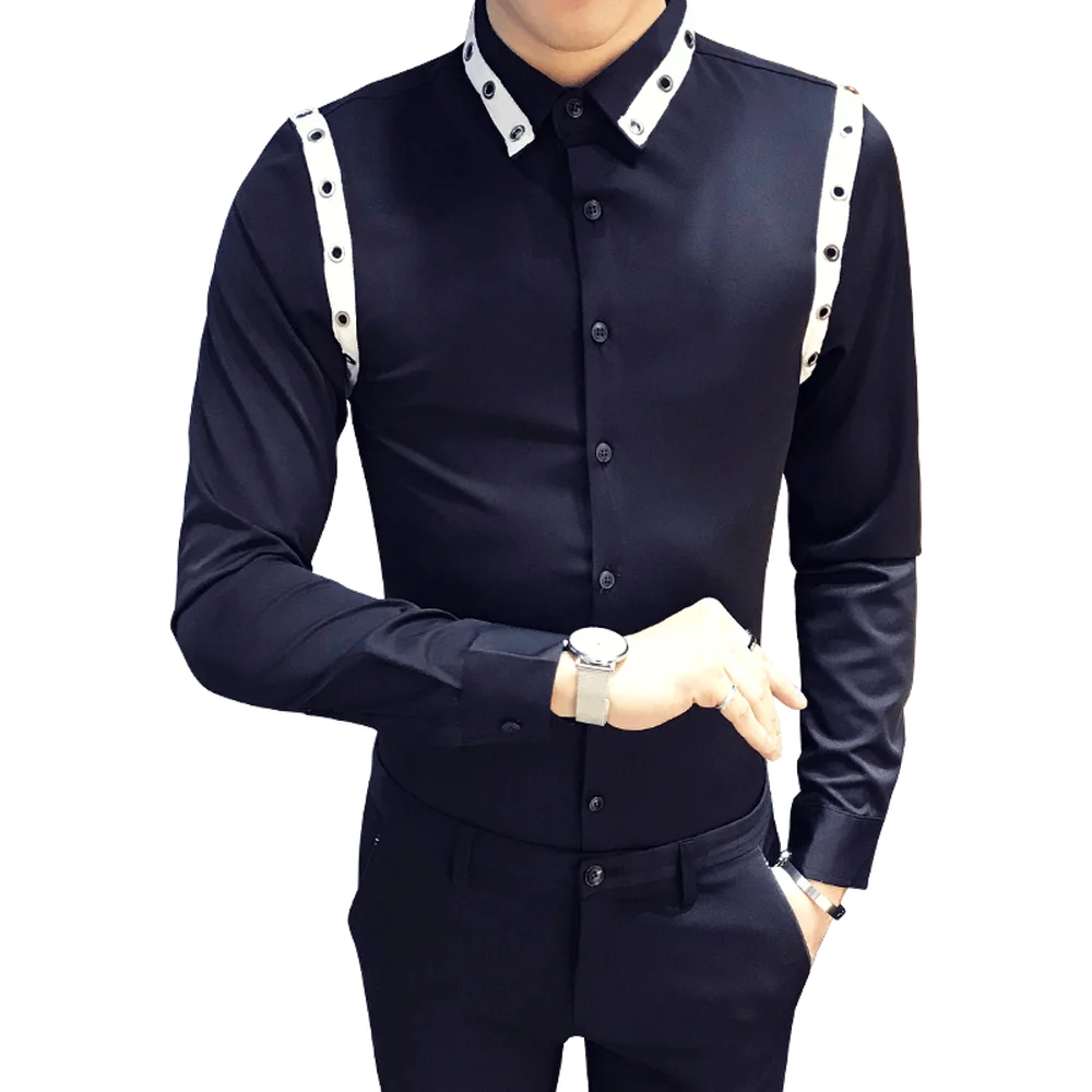

2018 Spring Male Tuxedo Shirt Top Quality Slim Fit Designer Mens Casual Shirts Long Sleeve Simple Night Club Party Shirts