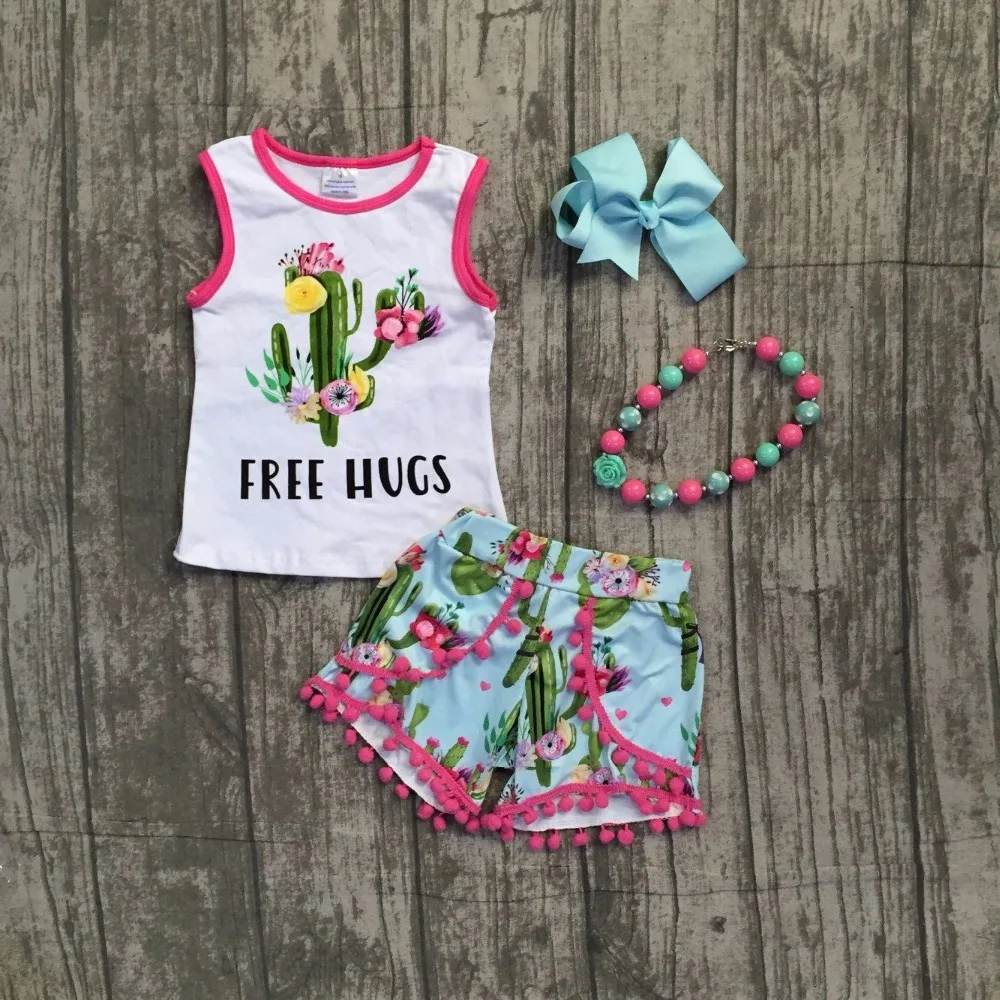 baby girls summer clothes children girls cactus outfits children free hugs clothes top with shorts outfits with necklace and bow