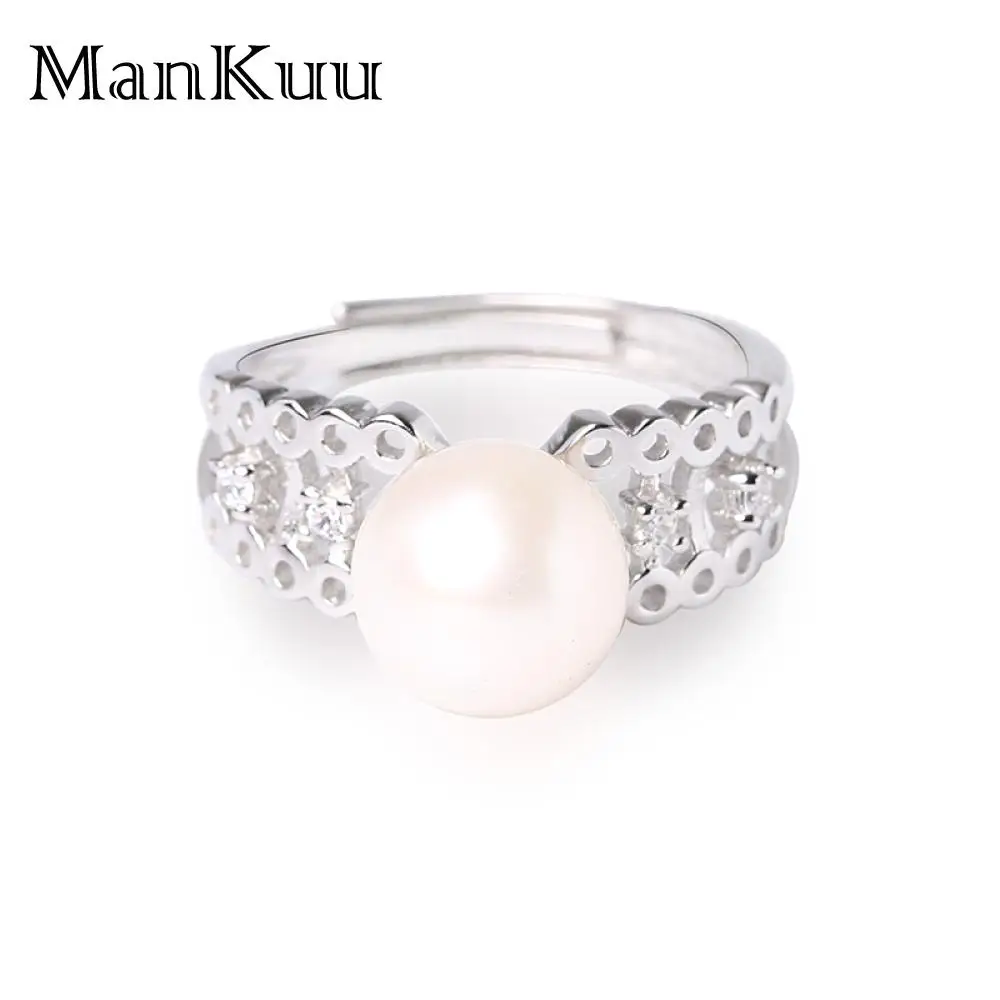ManKuu Engagement Sterling Silver 925 Ring AAA+ Natural Freshwater Pearl Hollow-Carved Design Micro Pave Diamond Rings For women