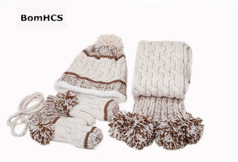 BomHCS 3 шт. (шапка + шарф + Перчатки) костюм теплая зима толстые Для женщин шапочка варежки шейный платок 100% ручной работы Вязание