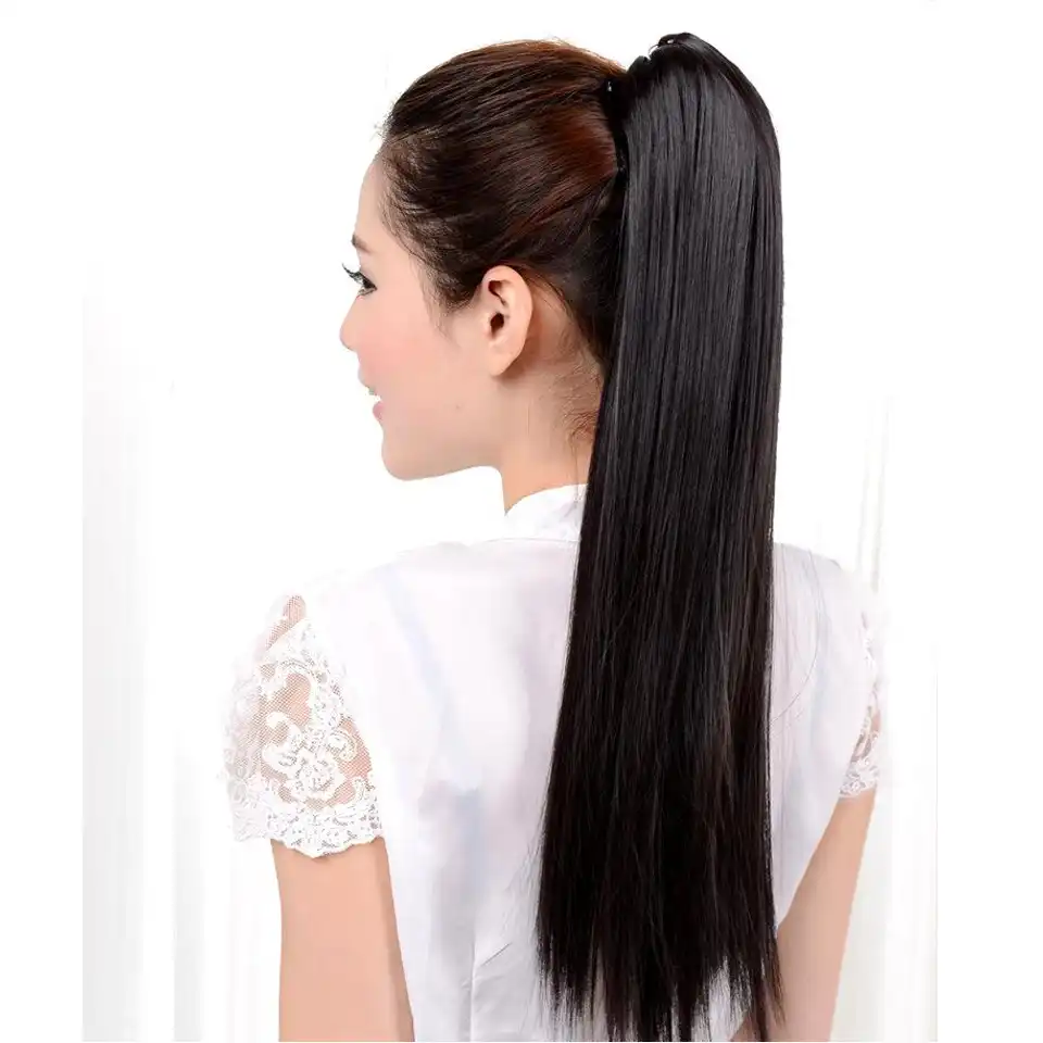 24 Inch Straight Black Synthetic Ponytail Long Hair Natural Fake