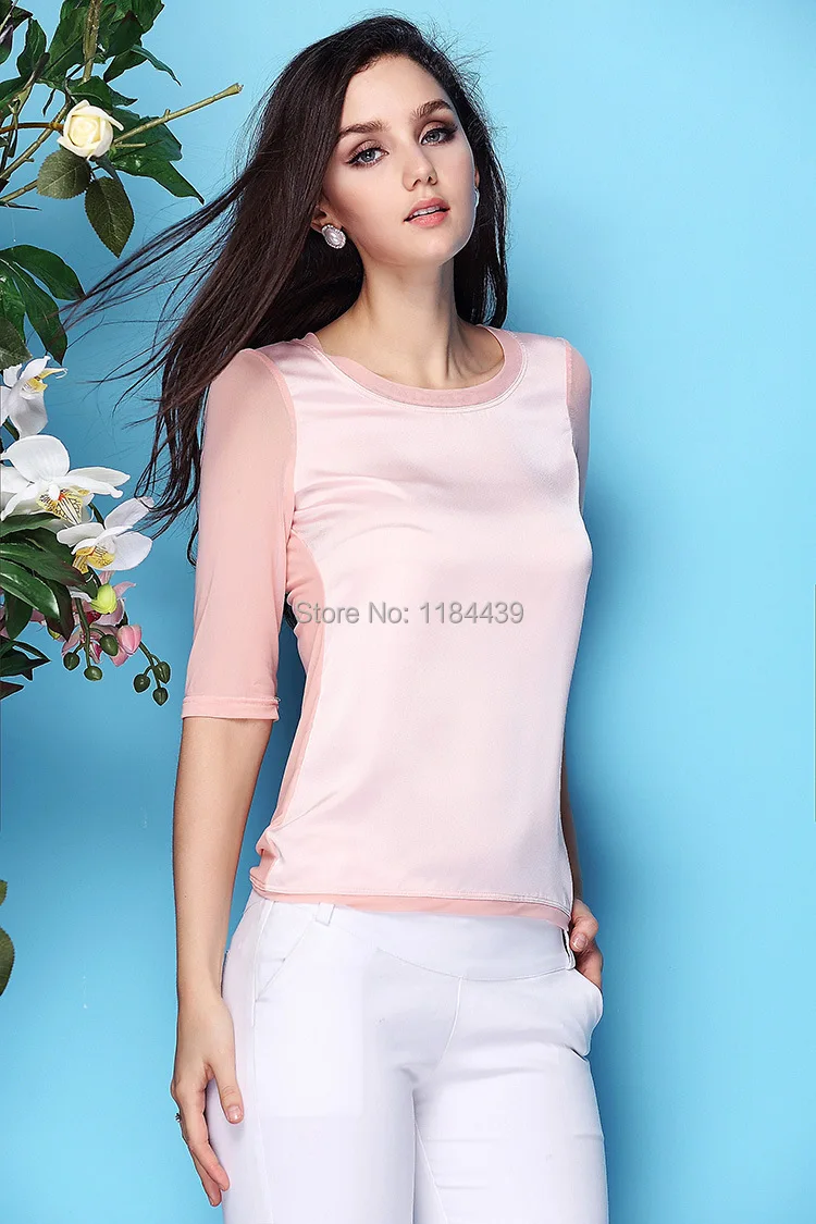 New Summer 2014 ladies half-sleeve tops Slim loose gauze splicing silk Pullovers Elegant T-shirt fluorescent color base shirt