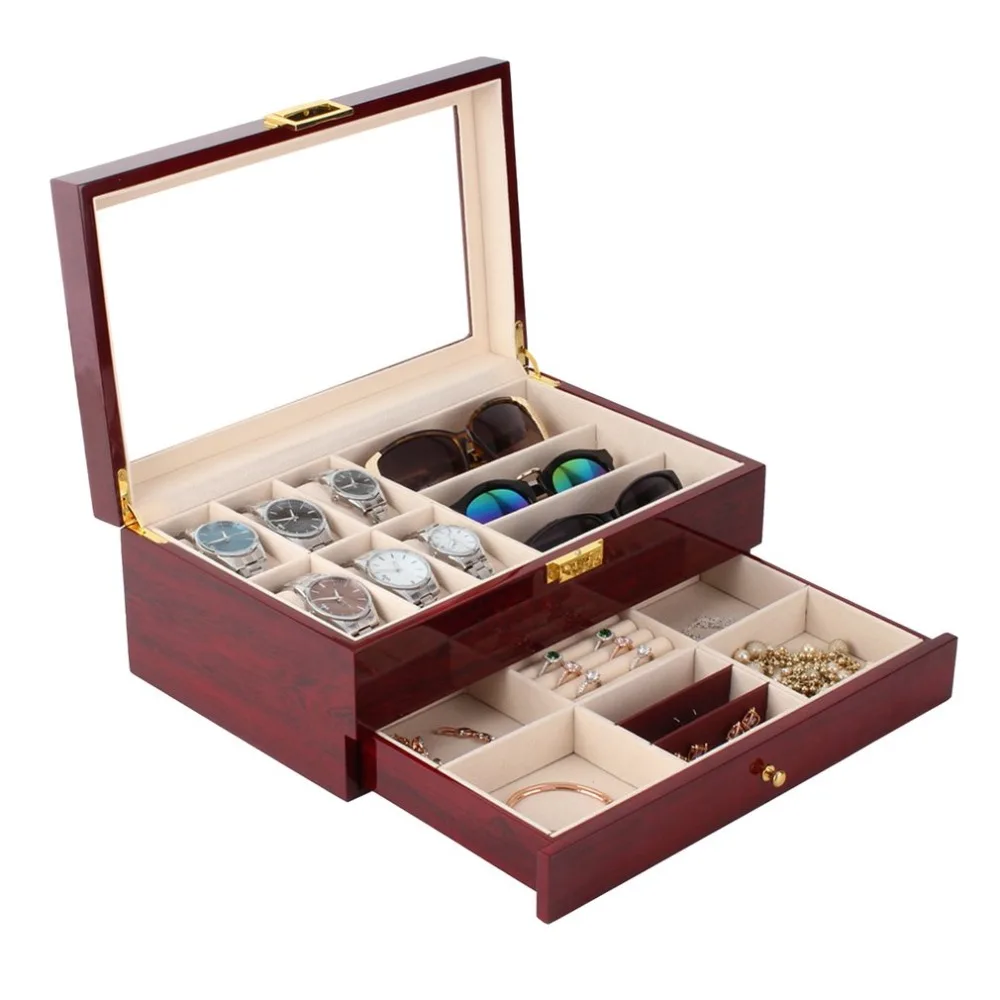

OUTAD Double Layers Wooden Jewelry Watch Box Watch Storage Box Watch Display Slot Case Box Case Inside Container Organizer Box