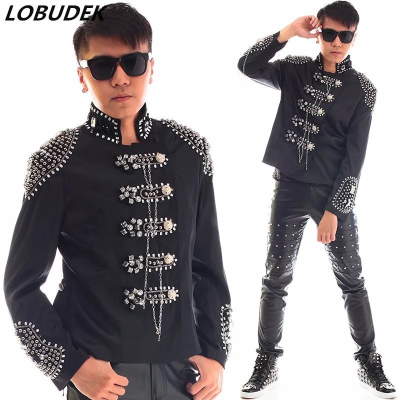 Handmade Rhinestones Bead Black Jacket Men Clothes Punk Rock Singer