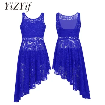

YiZYiF Kids Girls Ballet Dance Gymnastics Dress Suit Floral Lace Asymmetric Dress with Sleeveless Bra Crop Top and Briefs Set