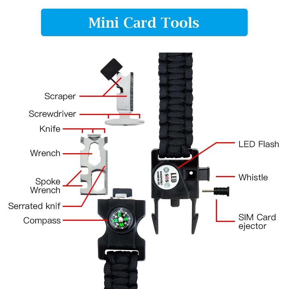 في الهواء الطلق الطوارئ بقاء سوار SOS LED ضوء التخييم Paracord حبل متعددة الوظائف بقاء أداة صافرة البوصلة سوار