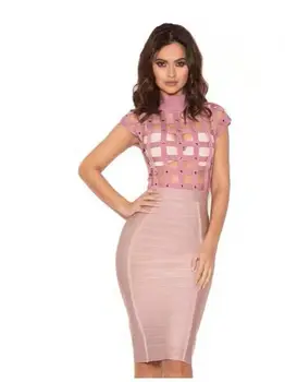 

2018 spring pink bandage dress two 2 piece set women short party dresses net hollow out cocktail suit