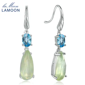 

LAMOON 100% Natural Water Drop Women Earrings Green Prehnite 925 Sterling Silver Fine Jewelry Long Dangle Brincos Classic EI056