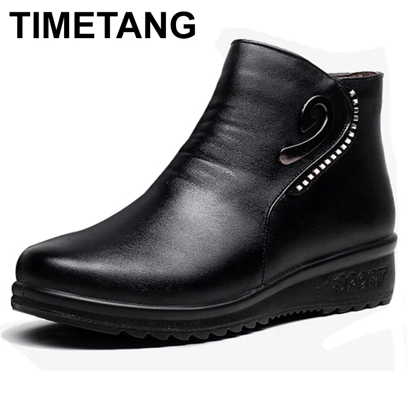 

TIMETANG Genuine Leather Women Ankle Boots Black Mar Boots Botas Ankle Boots For Women Zip Wedges Winter Mom Shoes