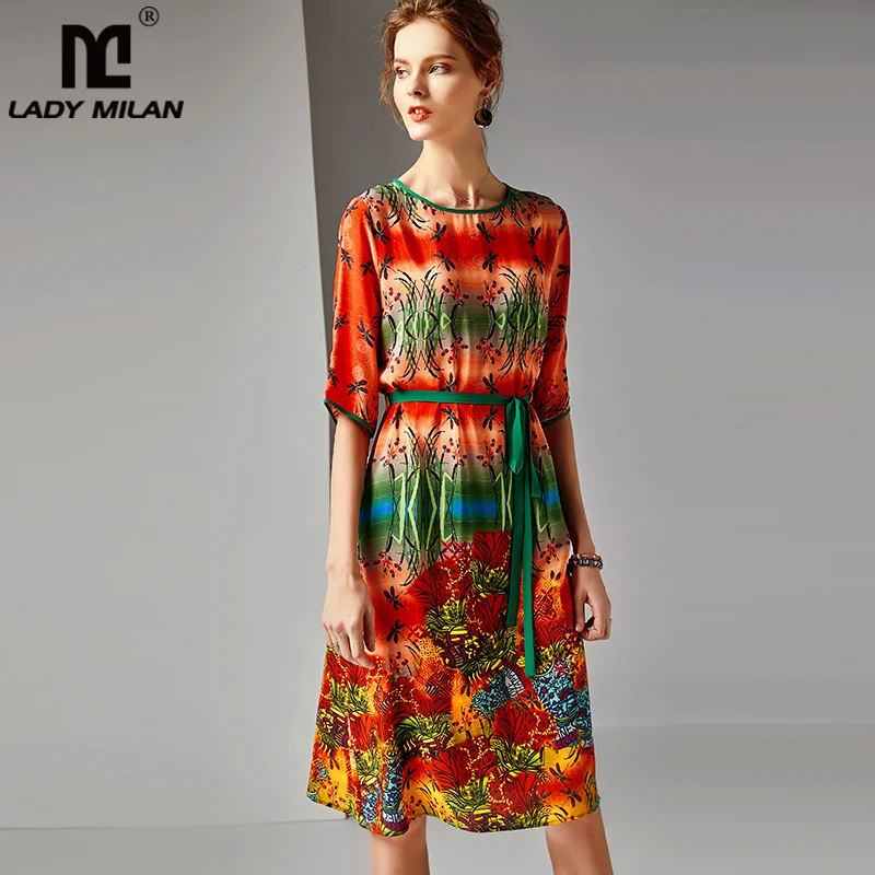 2019 Women's 100% Silk Runway Dresses O Neck Half Sleeves Floral ...