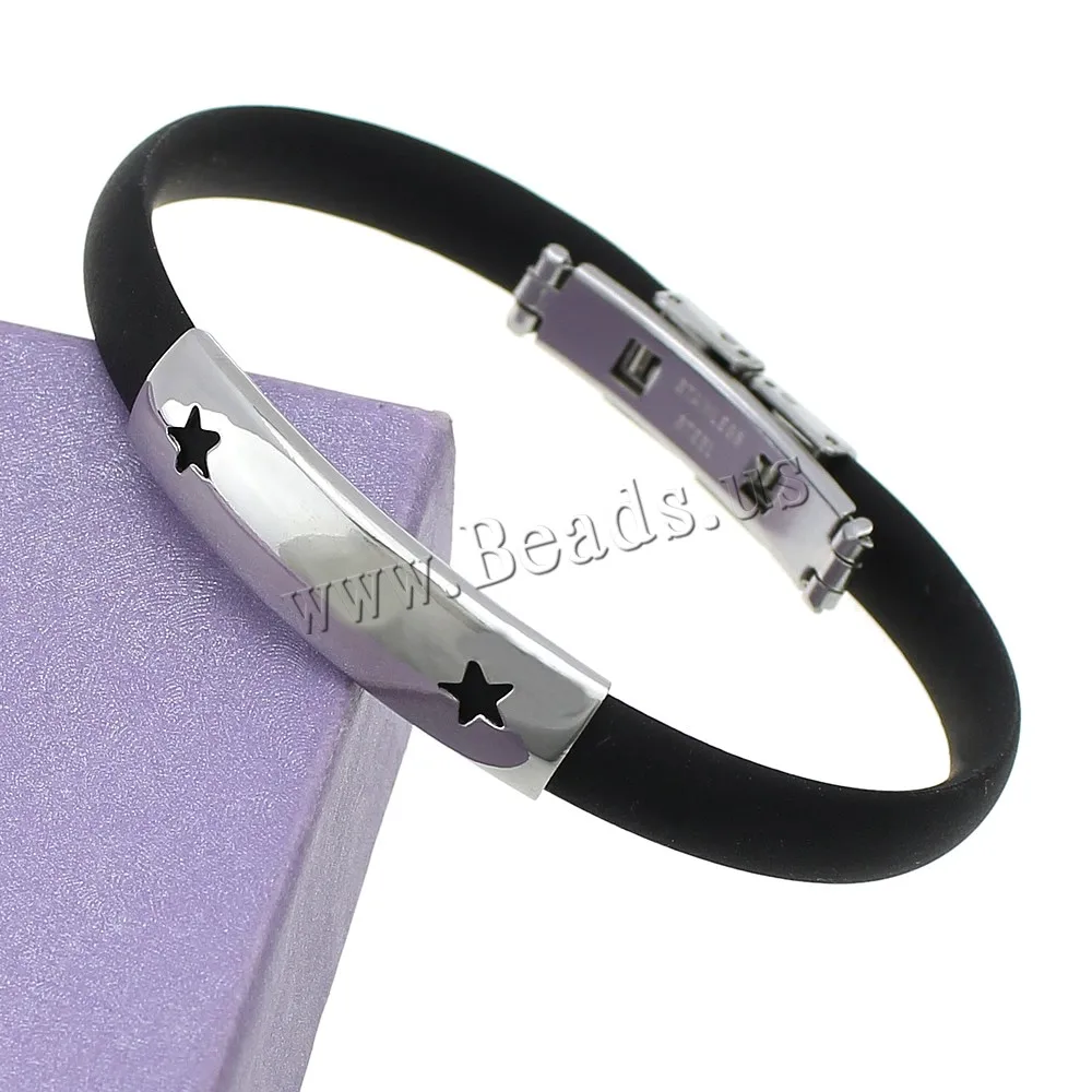 Men Stainless Steel Black Silicone Wristband Star Charm Bracelet Cuff