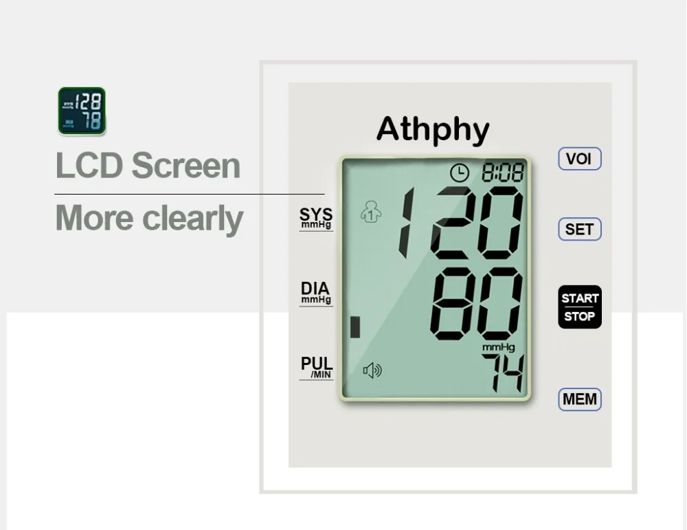 Athphy Digital Blood Pressure Monitor LCD Upper Arm Heartbeat Test Tonometer Automatic Measure Meter