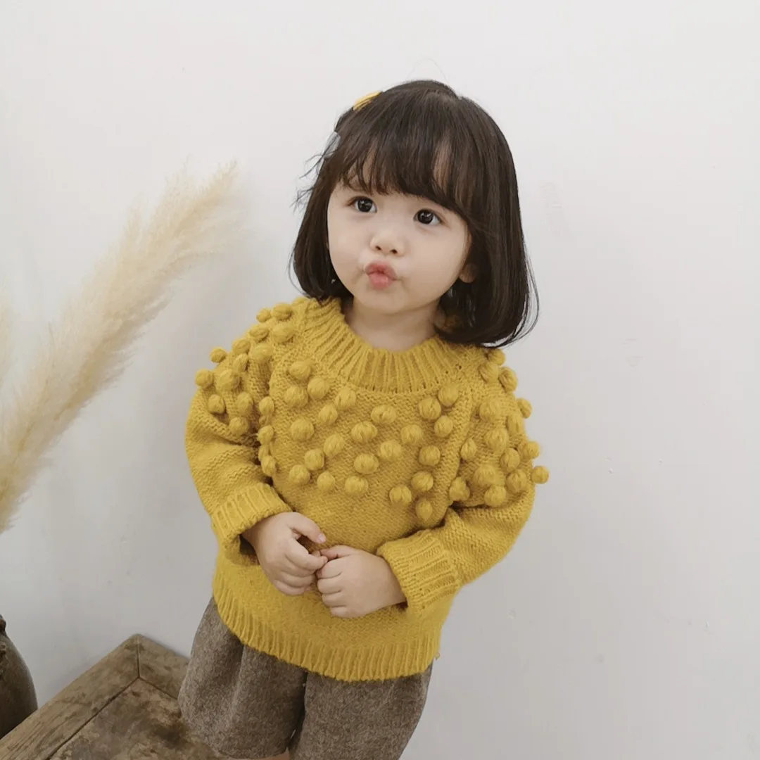 Осенне-зимний свитер для маленьких девочек Вязаный Пуловер с объемными помпонами одежда для детей 2, 3, 4, 5, 6 лет модные детские свитера