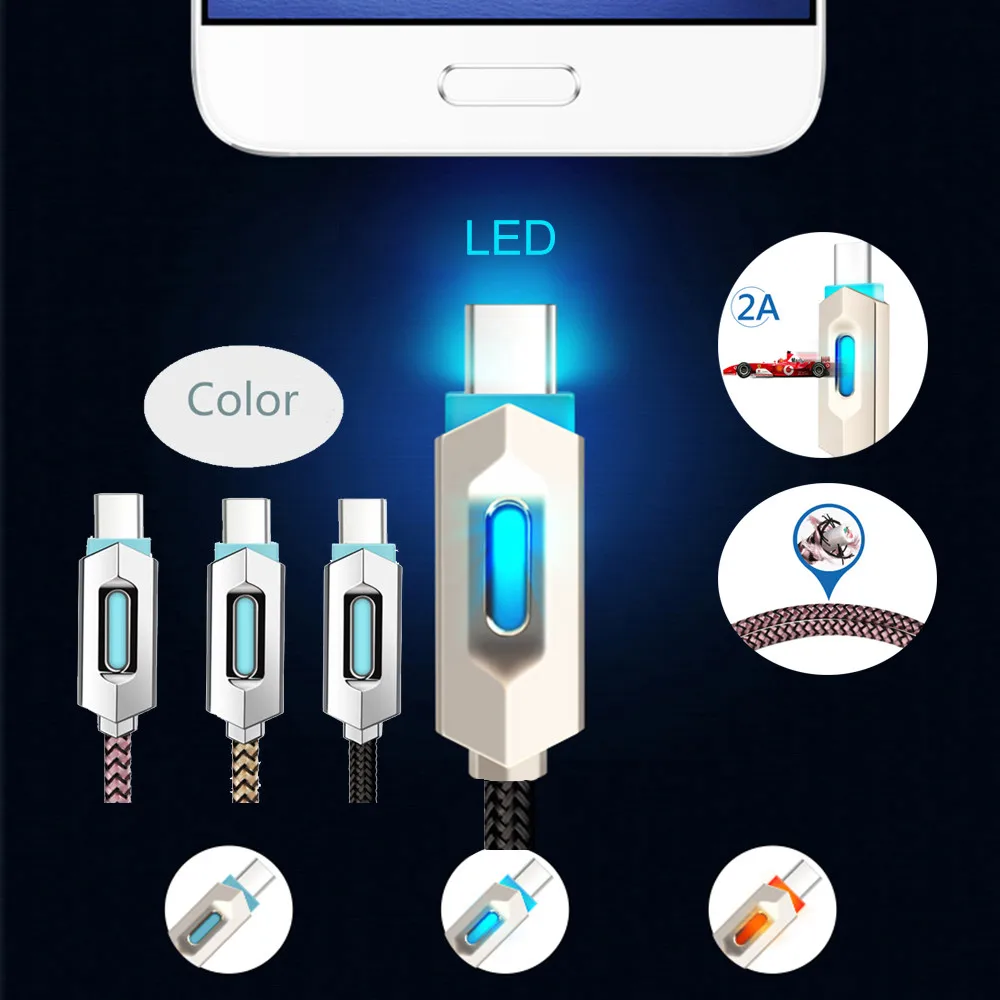 

Type-C Fast Charger Cable mini usb cable for Android Sync usb extension cable fast data charger Nylon Braided Lights LED / z75