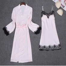 Сексуальная женская ночная рубашка nuisette femme на тонких бретелях с длинным рукавом, женский халат, кружевное атласное ночное белье, шелковое платье