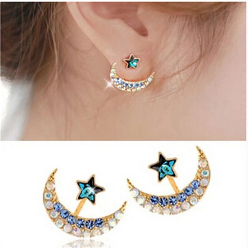 

Shiny Full Rhinestones Crystal Stud Earrings Fashion Moon Star Double Sided Earrings For Women Girls Statement Ear Jewelry