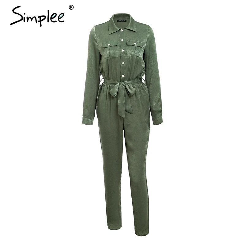 

Simplee Elegant sashes buttons satin long sleeve women jumpsuit Summer pockets elastic waist romper Office ladies playsuit 2018