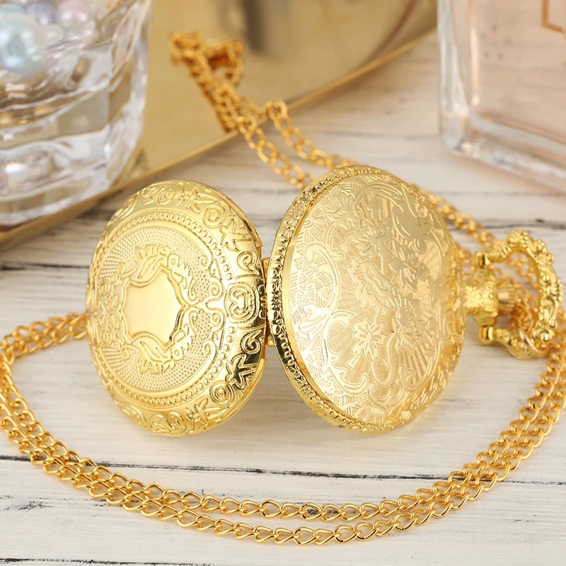 Royal Gold Shield Crown Pattern Quartz Pocket Watch Necklace - Luxury Steampunk Pendant Collectible Jewelry Gift