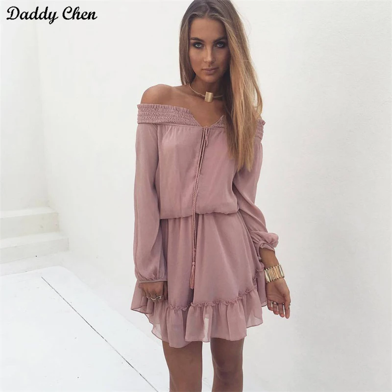 

Women Dress beach summer tunic Off shoulder long lantern sleeve chiffon vintage dress 2018 Ruffle sexy tassel slash neck Dresses