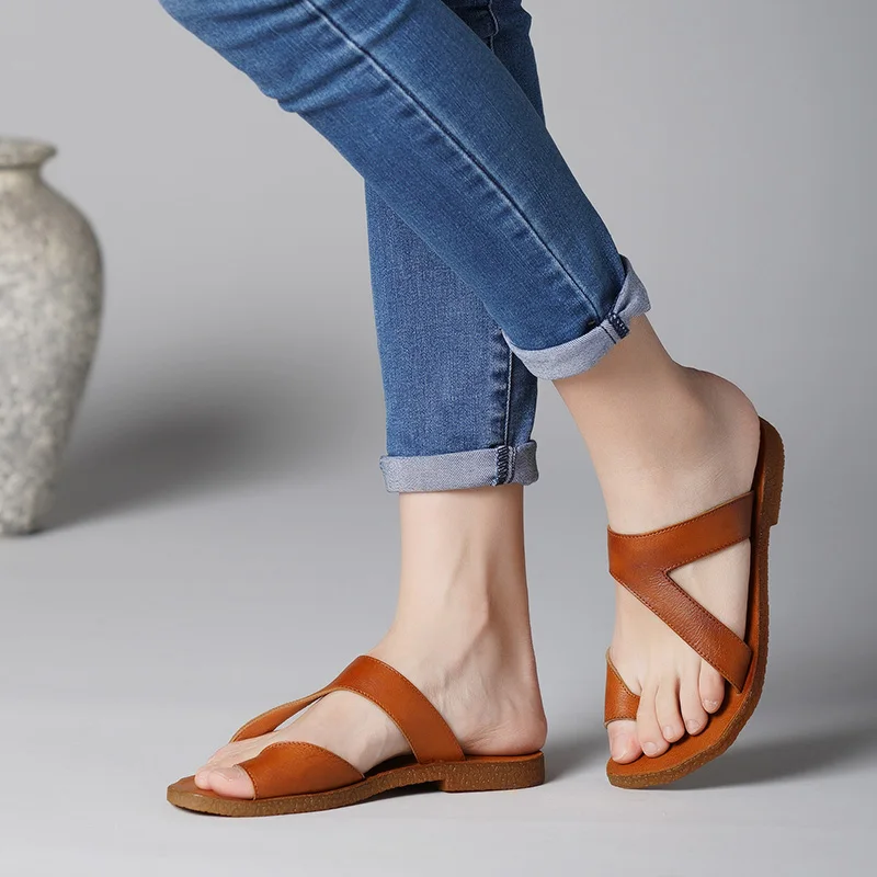 

2019 New Arrival Summer Shoes Women Flip Flops Natural Leather Lady Handmade Comfortable Flat Slippers Female Slide