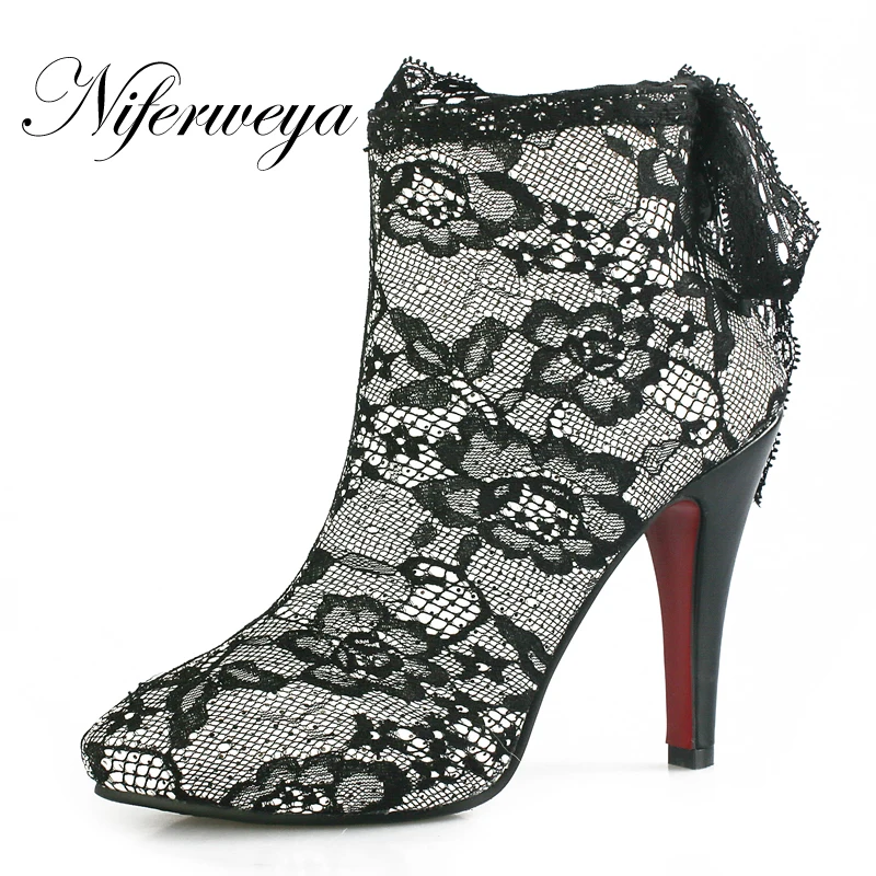 

Big size 33-45 Spring/Autumn red women Ankle boots sexy Lace high heels Fashion Pointed Toe zipper thin heel sandals