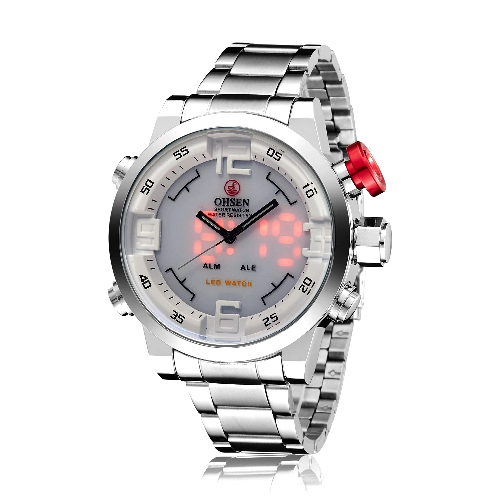 OHSEN White Face Mens Analog Digital Silver Stainless Steel Red LED Backlight Alarm Day Date Wrist