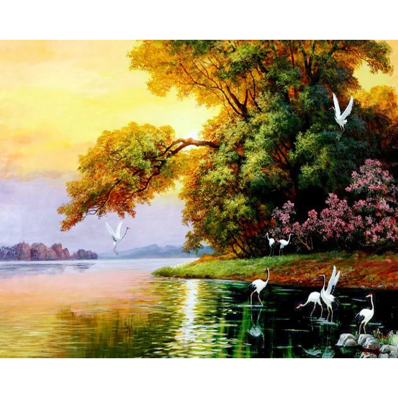 New Crane and Swans in Lake 5D Diamond Pattern Crystal Painting 3D diy Needlework Diamond Mazayka Full Diamond Embroidery Nature