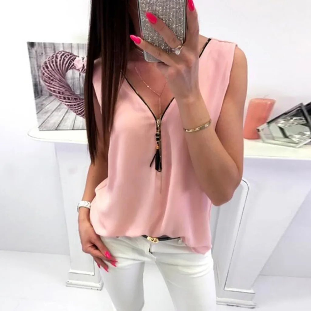 

Feitong Women Loose Sleeveless Blouses Ladies Solid V Top Cross Back Irregular Hem Zipper V-Neck Tops blusas mujer de moda 2019