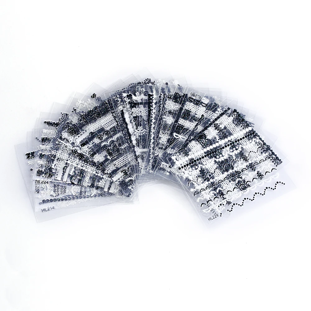 

30Sheet/lot Black&White Waves/Lines Lace Nail Stickers 3D Mix Design Water Transfer Nail Sticker Nail Art Decals NTL-35#