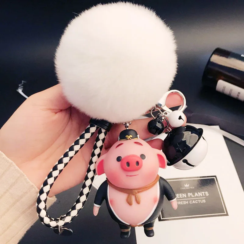 

Cute Anime Pig Keychain Fluffy Rabbit Fur Pom Pom Keychains Cartoon Doll Pompons Key Ring Women Bag Key Chains Pendant Trinkets