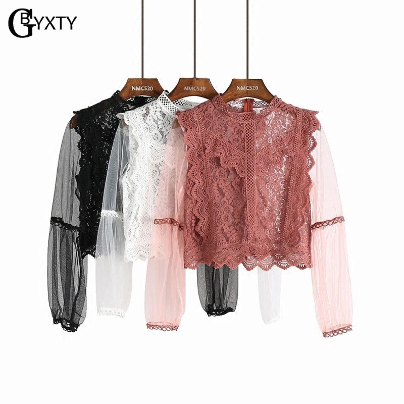 

GBYXTY Sexy Hollow Out Lace Crochet Blouse and Tops 2018 Summer Long Sleeve Mesh Blouse Shirts Cropped Top chemisier femme ZA431