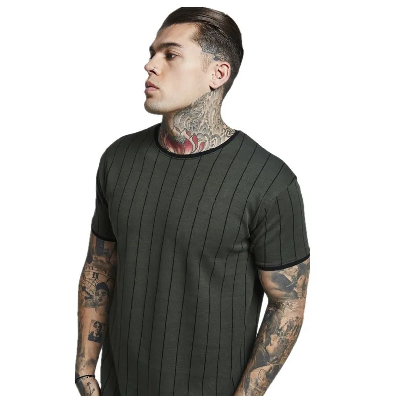 EBAIHUI European and American Men's Stripe Tshirt Summer Stitching Man Black Tshirt Slim Fit Army Green Cotton Tee for Man PT14