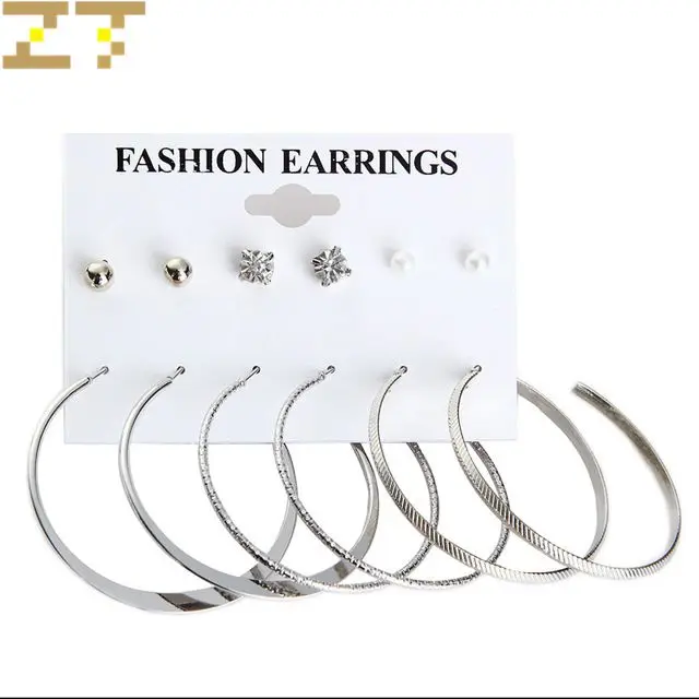 

Wholesale 6 pairs/set Hot Fashion Simulated-pearl Crystal Gold Silver Color Big Circle Statement Hoop Earrings for Women Jewelry