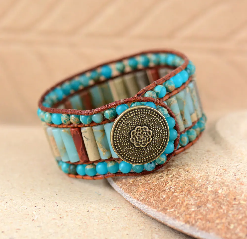 Aztec Natural Woven Stone Leather Wrap Bracelet