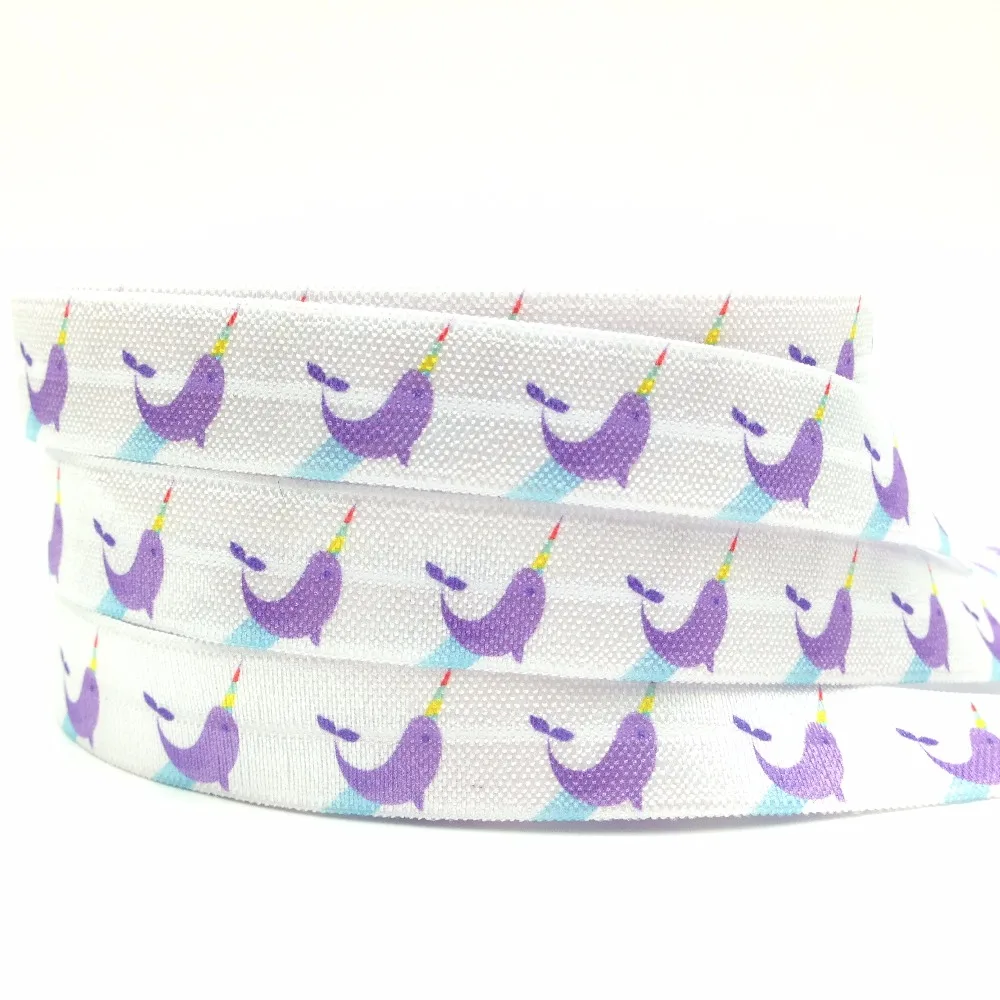 

New Arrived 5/8" Narwhal Print Fold Over Elastic 10yards/lot White FOE Elastic Ribbon Webbing for DIY Head wear Hair Accessories