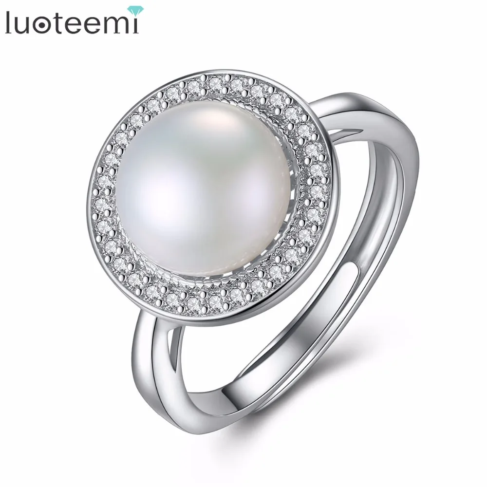 

LUOTEEMI Hot Sell Cute Elegant Wonderful Round Shape 925 Sterling Silver Freshwater Natural Pearl Ring For Women Wedding Party