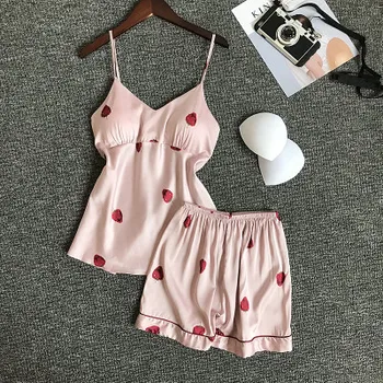 

HaloSweet 2019 Summer Slik Sleepwear Women Sexy Pajamas Suit Female Lingerie Shorts Sling Home Clothes Kawaii Two Pieces