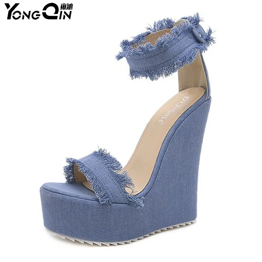 denim high heel sandals