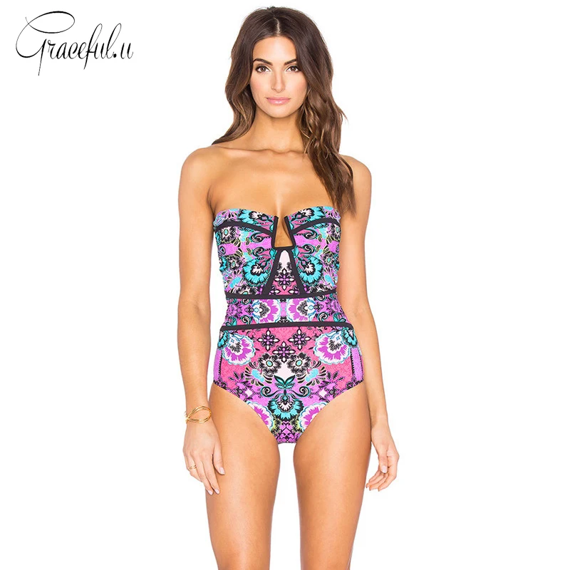 

Two Wear Methods Patchwork Adjustable Shoulder Strap Swimwear Floral Printed Strapless Brazilian Swimsuit One Piece