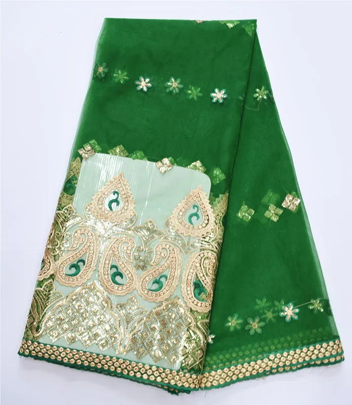 5 Yards/pc Most popular green french net lace fabric with gold sequins ...