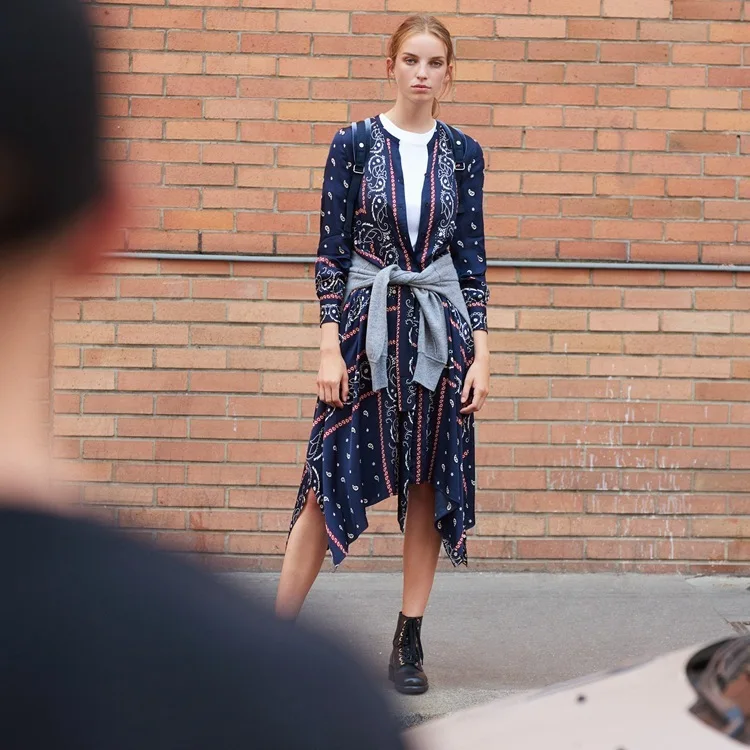 

New cultivate morality ethnic wind irregular reap waist ties up single breasted v neck shirt style dress