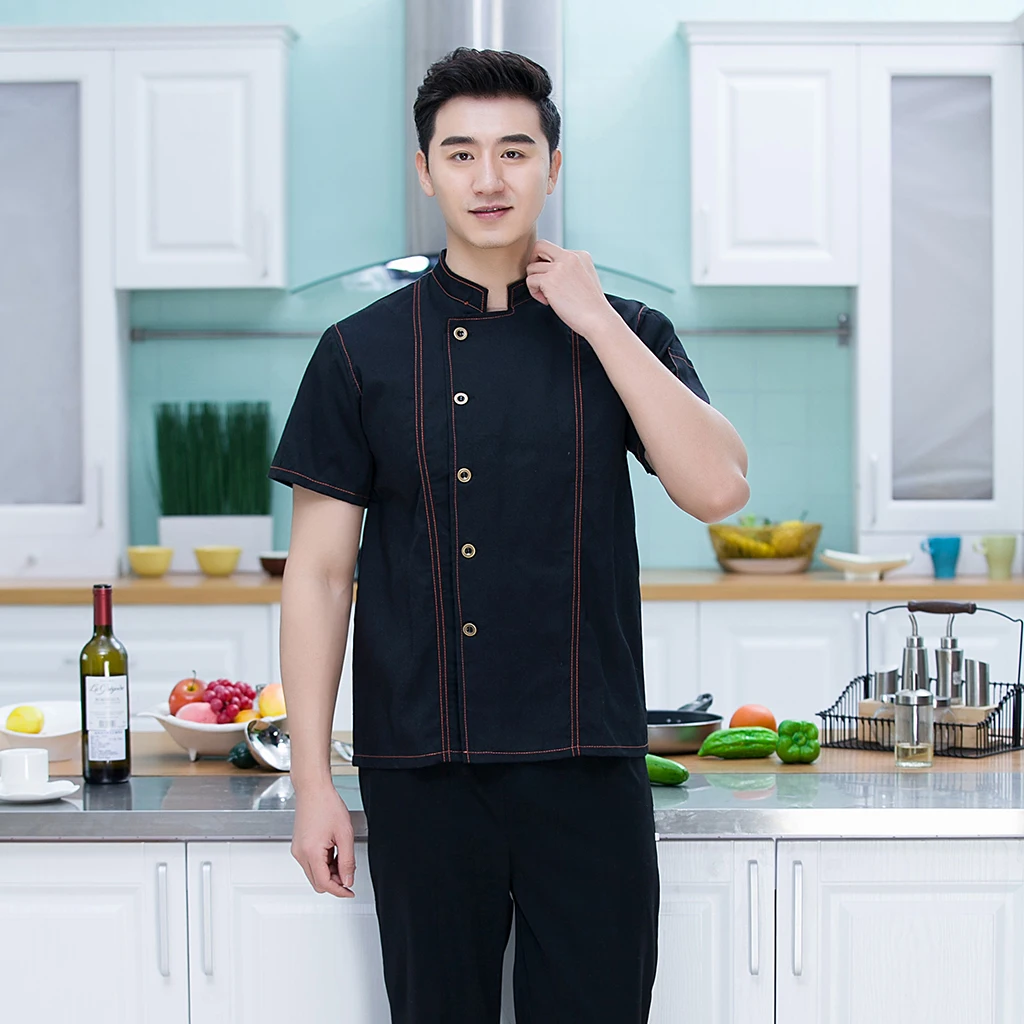 Unisex Topstitched Chef Jacket Coat Single Breasted Short Sleeves Shirt Kitchen Uniform with Mandarin Collar Lfte Pocket
