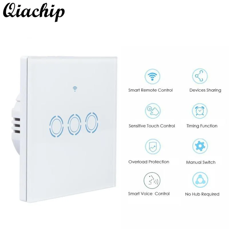 

QIACHIP EU Plug White Wall Waterproof Smart Home Switch Touch Sensor Switch 3 Gang 1 Way Remote Control Light Lamp LED Switch