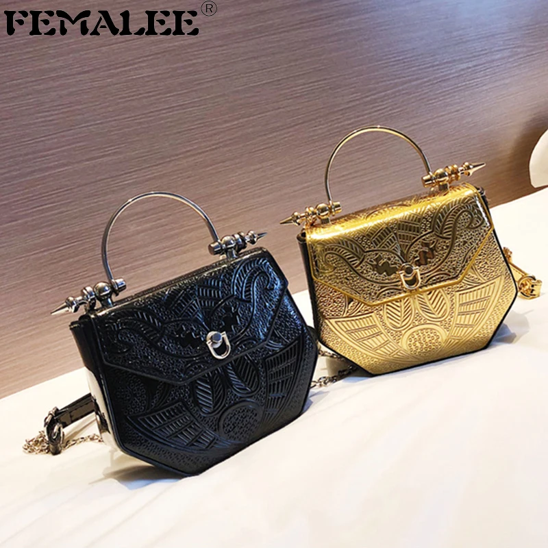 

2019 Metal Handle Personality Polygon Bag luxury Gold Dinner Flower Embossing Diagonal Handbag European American Shoulder Bags
